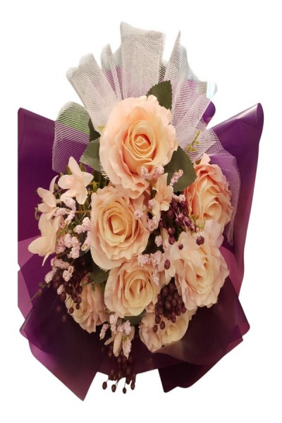 Mor Ambalajlı Somon Yapay Gül Buketi